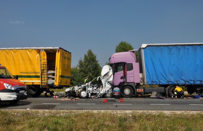 Форд Транзит смяло между двумя грузовиками на шоссе в Польше