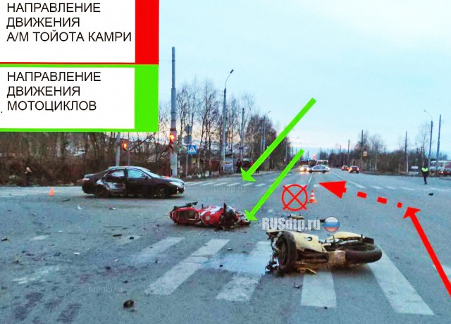 В Архангельске лишенные прав мотоциклисты столкнулись с легковым автомобилем
