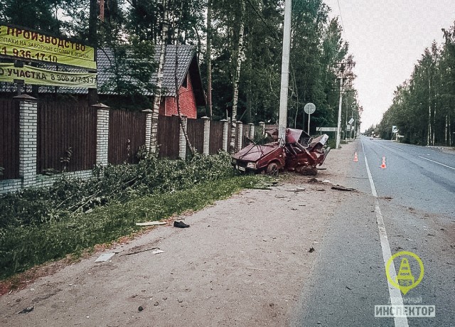 ВАЗ-21099 намотало на столб на Колтушском шоссе
