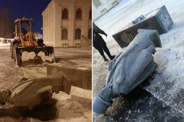 В Петергофе снегоуборочный трактор снёс памятник Штиглицу 