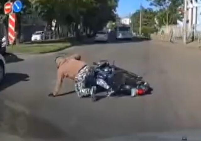 В Краснодаре байкер не удержал на дороге стального «коня» и оказался на асфальте
