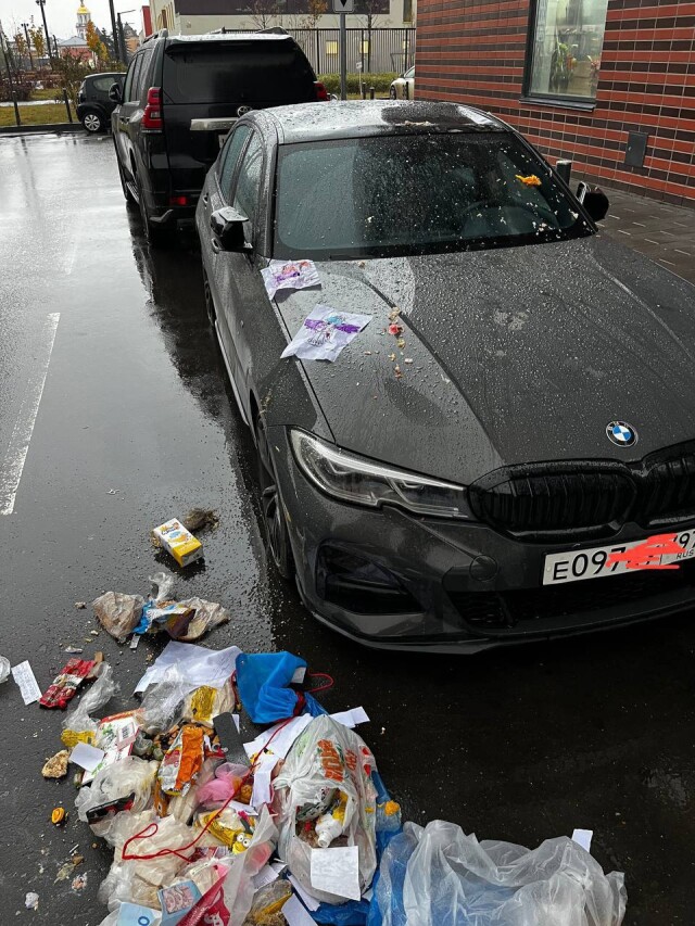 В Подмосковье мешок с мусором упал на припаркованный BMW 